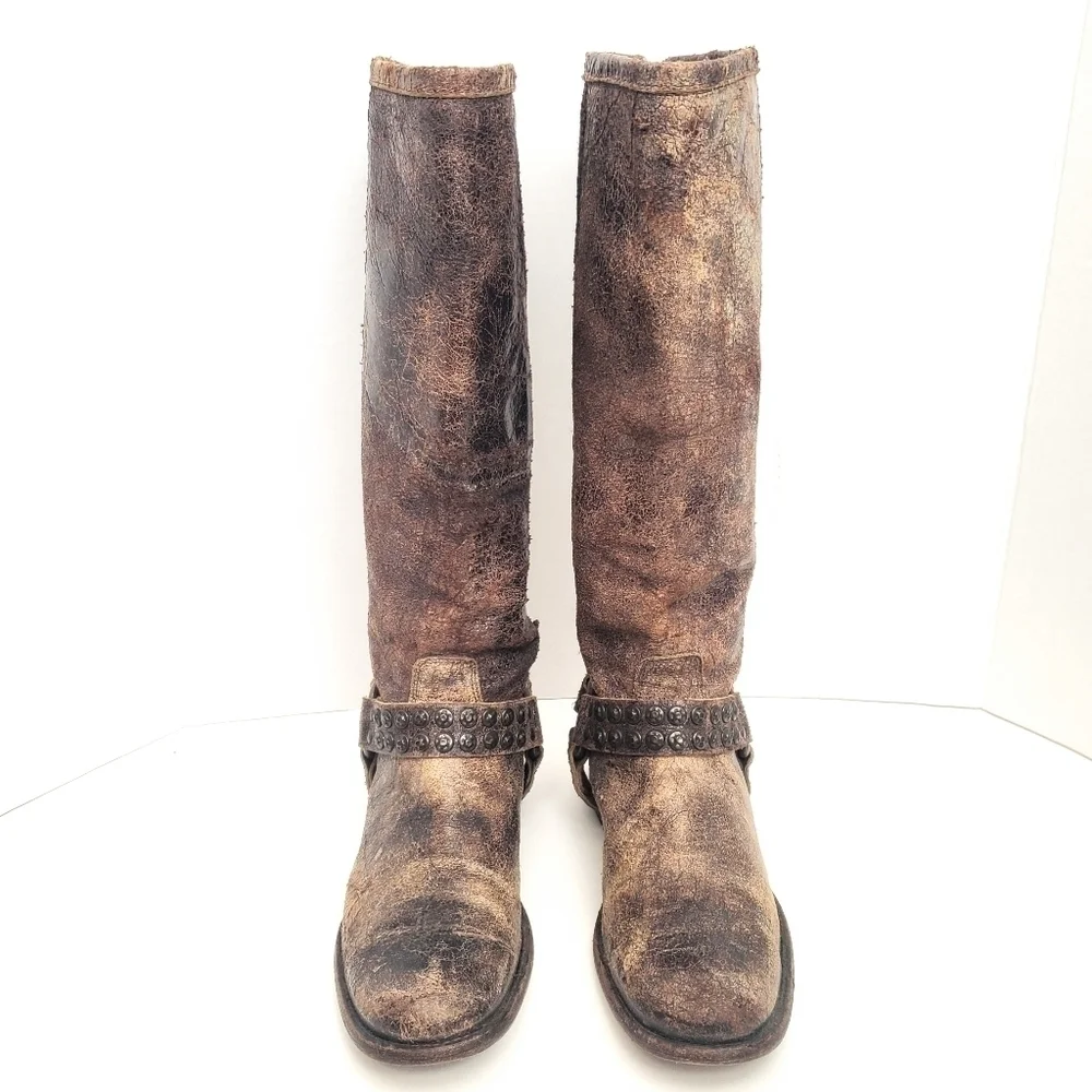 Frye Phillip Studded Harness Tall Riding Boots Brown Distressed Leather Size 5.5